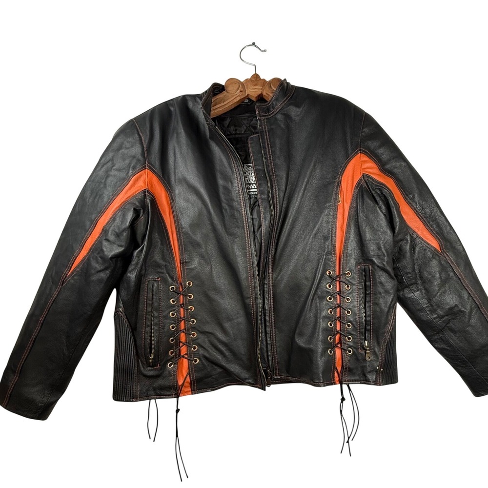 Dream Apparel Mens XXL Black Leather Motorcycle Jacket Orange Stripes Lace Up